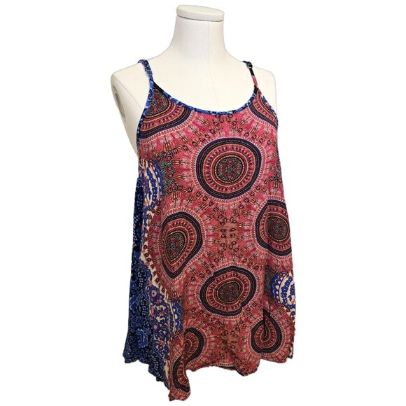 Womens Red Blue Boho Tank Top Flowy Mandala Print Summer Beach Festival Sz L - Picture 2 of 9